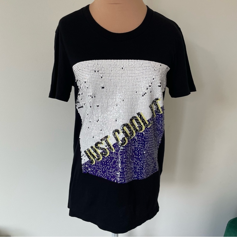 Sandro Graphic Sequin Just Cool It Short Sleeve Crew Neck Cotton T-Shirt EUC 1/S